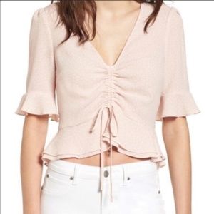 Astr the Label Blush Polka Dot Ruffle Crop Top